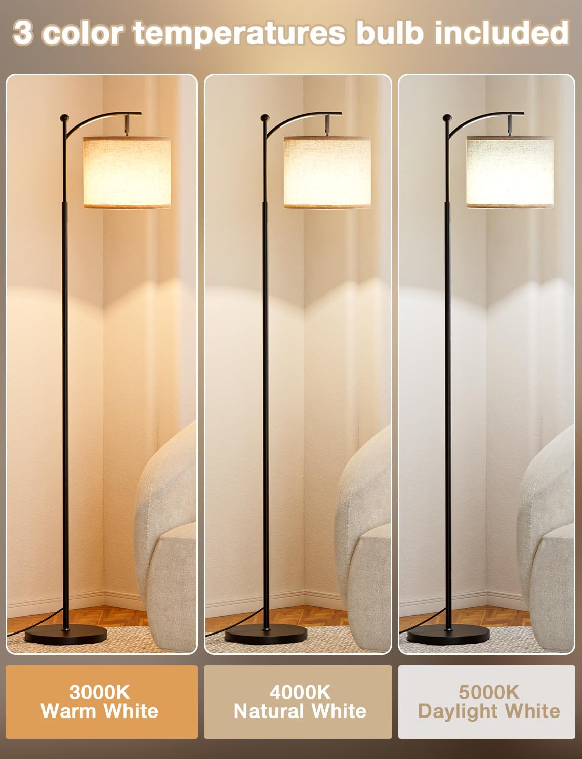 Tall Floor Lamp with 3 Color Temperatures – Adjustable Linen Shade, 60", for Living Room, Bedroom, Office & Dorm, Bulb Included, Beige & Black