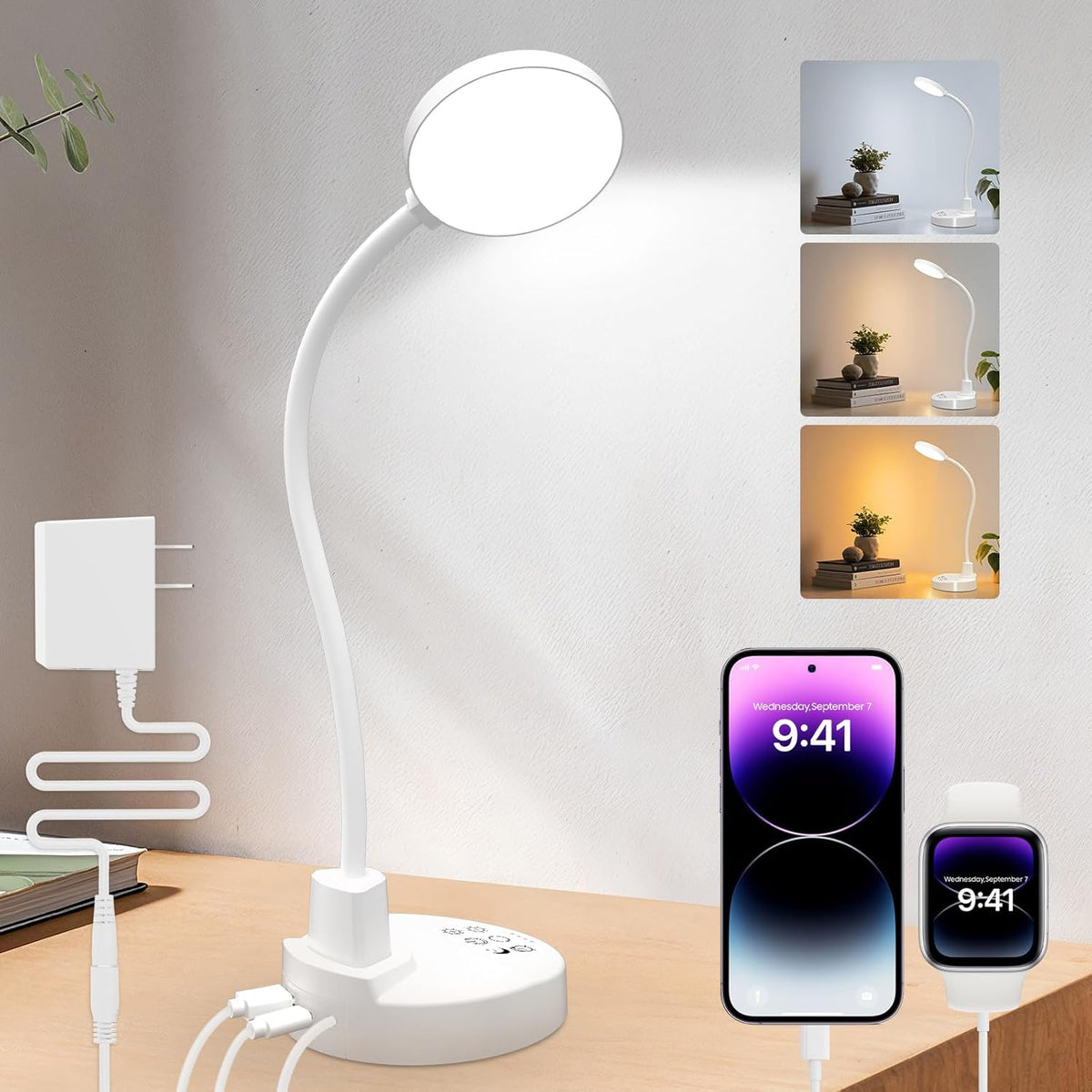 Flexible gooseneck lamp arm with base, eye-caring reading light, suitable for home office, bedroom, and study room.