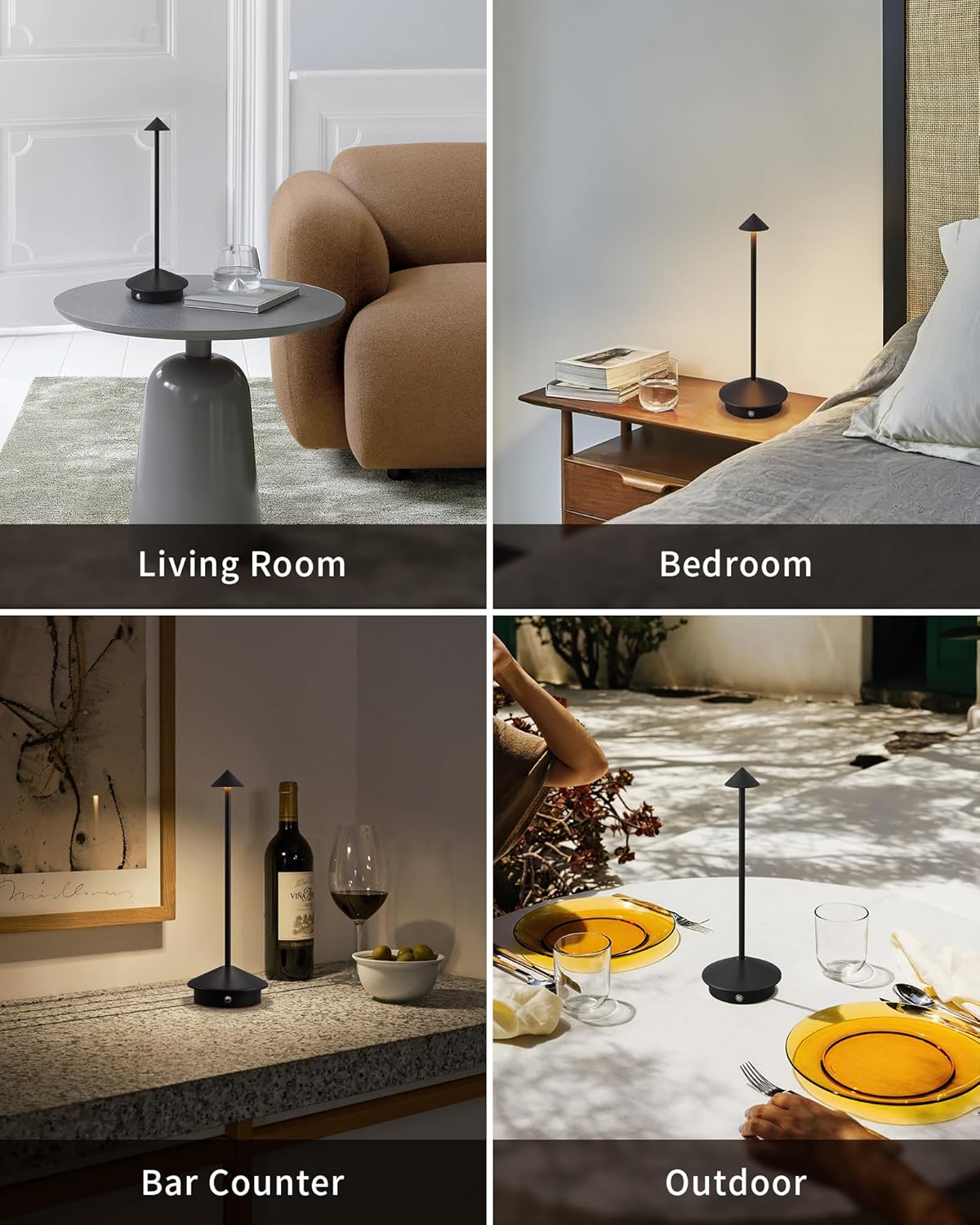 Modern Cordless Table Lamps Set of 2, Rechargeable LED Desk Lamps, 5000mAh Battery, Portable Night Light (Black)