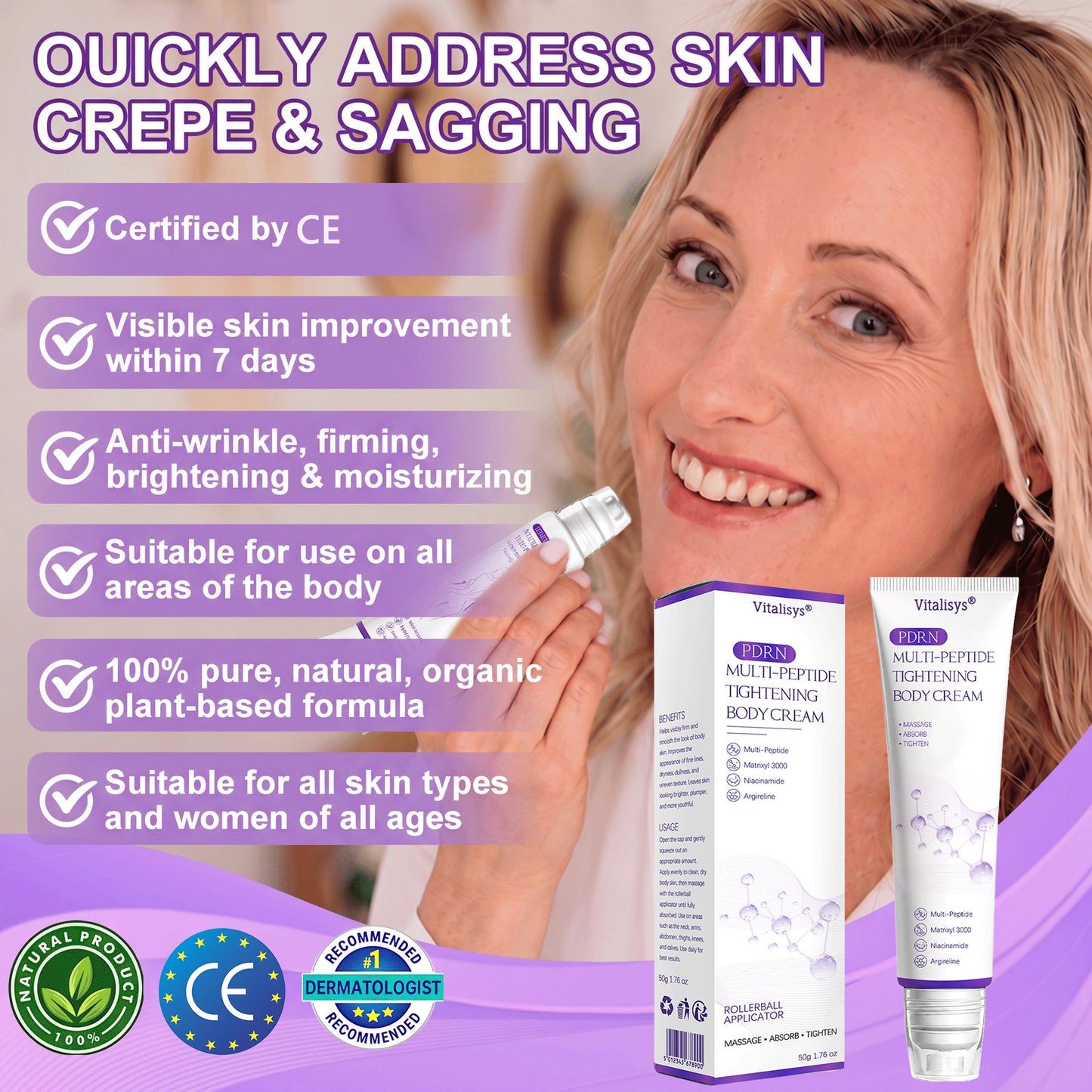Vitalisys® PDRN Multi-Peptide Massaging Body Roller Cream ✅- Anti-aging, Hydrating, Skin Firming & Lifting, Skin Repair, Even Tone, Acne and Dark Spot Treatment, Wart and Mole Removal, and Psoriasis Relief 🌷