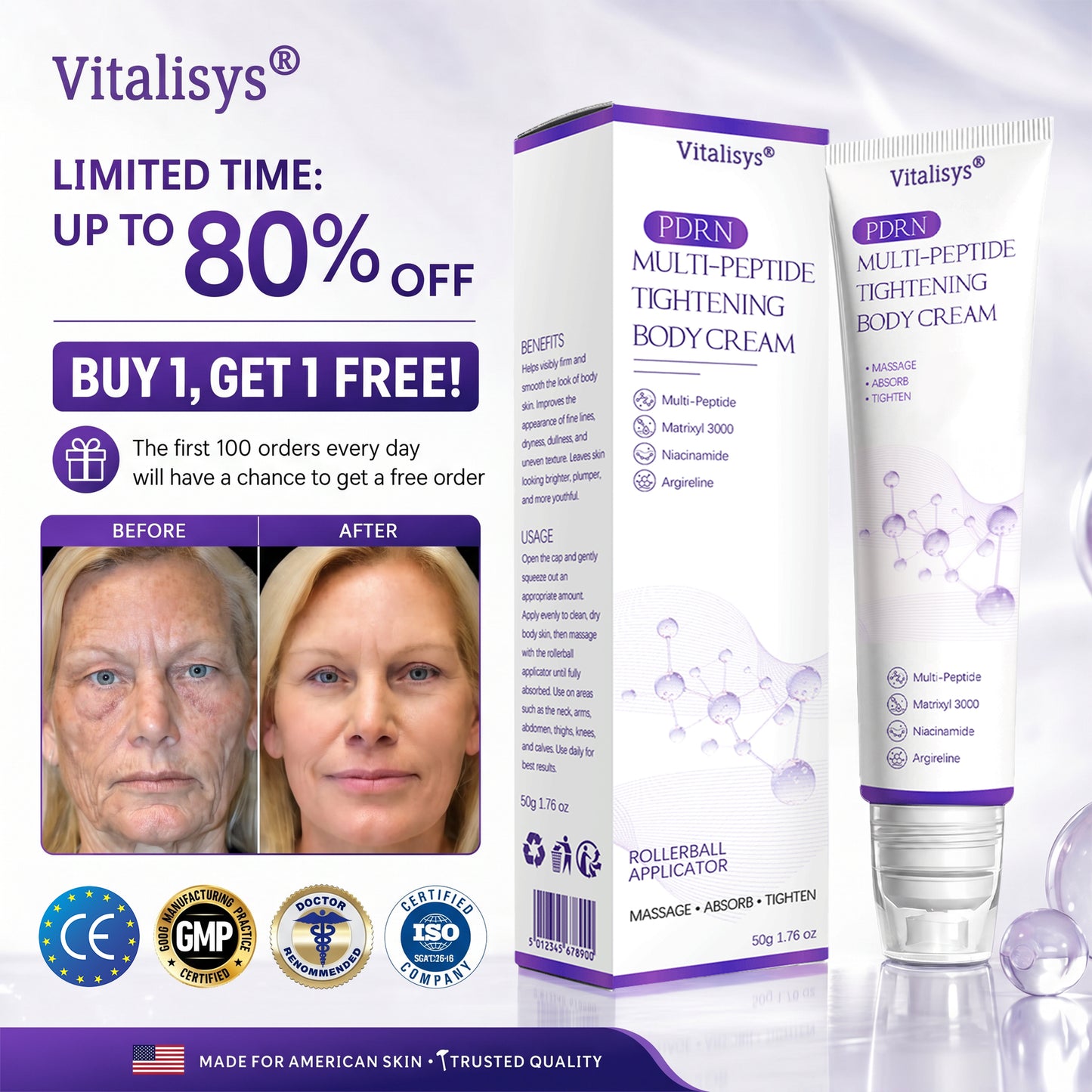 Vitalisys® PDRN Multi-Peptide Massaging Body Roller Cream ✅- Anti-aging, Hydrating, Skin Firming & Lifting, Skin Repair, Even Tone, Acne and Dark Spot Treatment, Wart and Mole Removal, and Psoriasis Relief 🌷