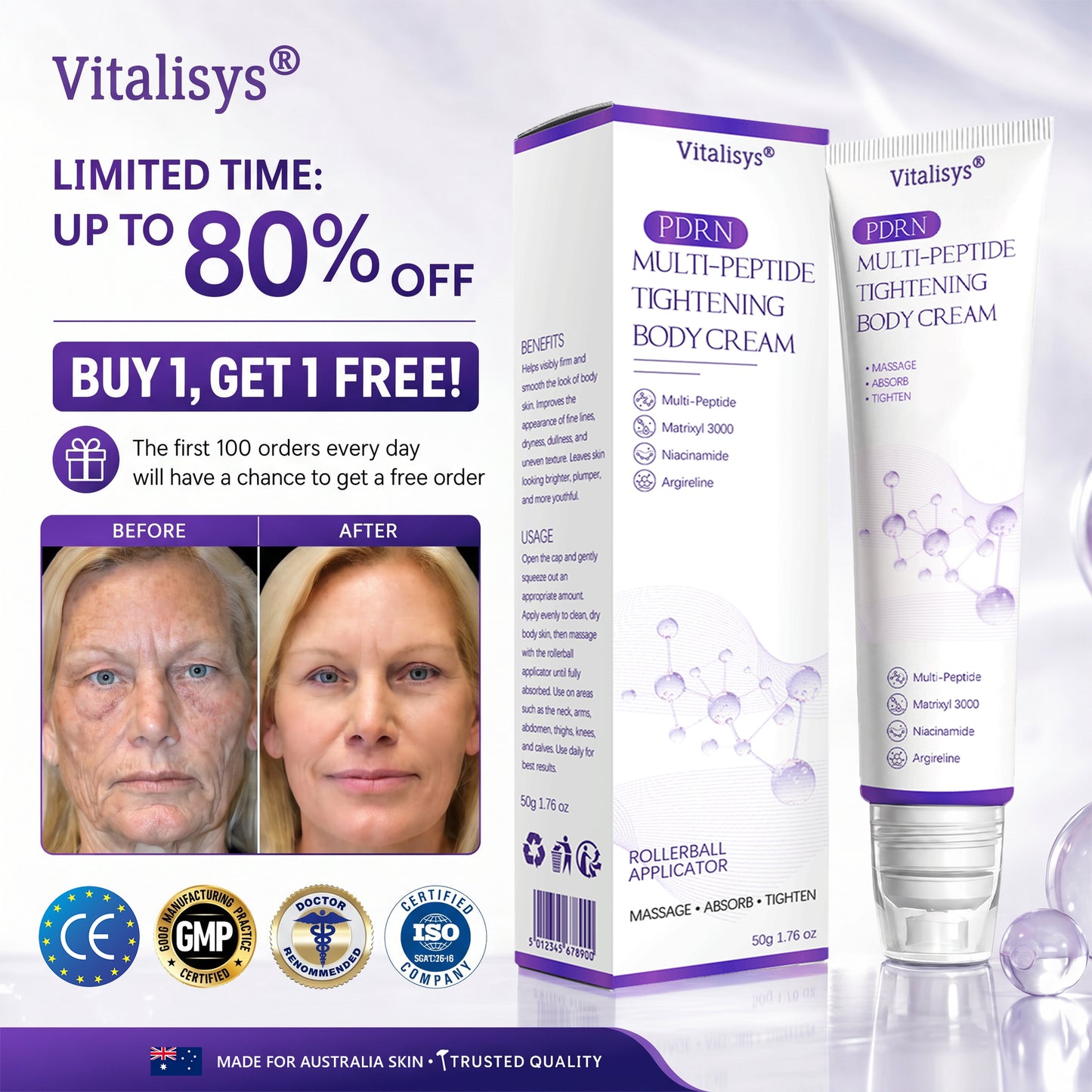 Vitalisys® PDRN Multi-Peptide Massaging Body Roller Cream ✅- Anti-aging, Hydrating, Skin Firming & Lifting, Skin Repair, Even Tone, Acne and Dark Spot Treatment, Wart and Mole Removal, and Psoriasis Relief 🥇