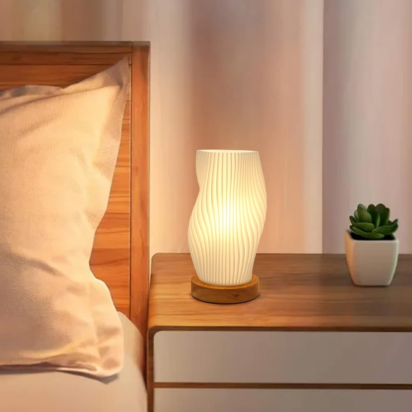 Small Table Lamp – Vintage Striped Bedside Night Light, Mini Lamp for Bedroom, Living Room, Office & Dorm, Warm Light