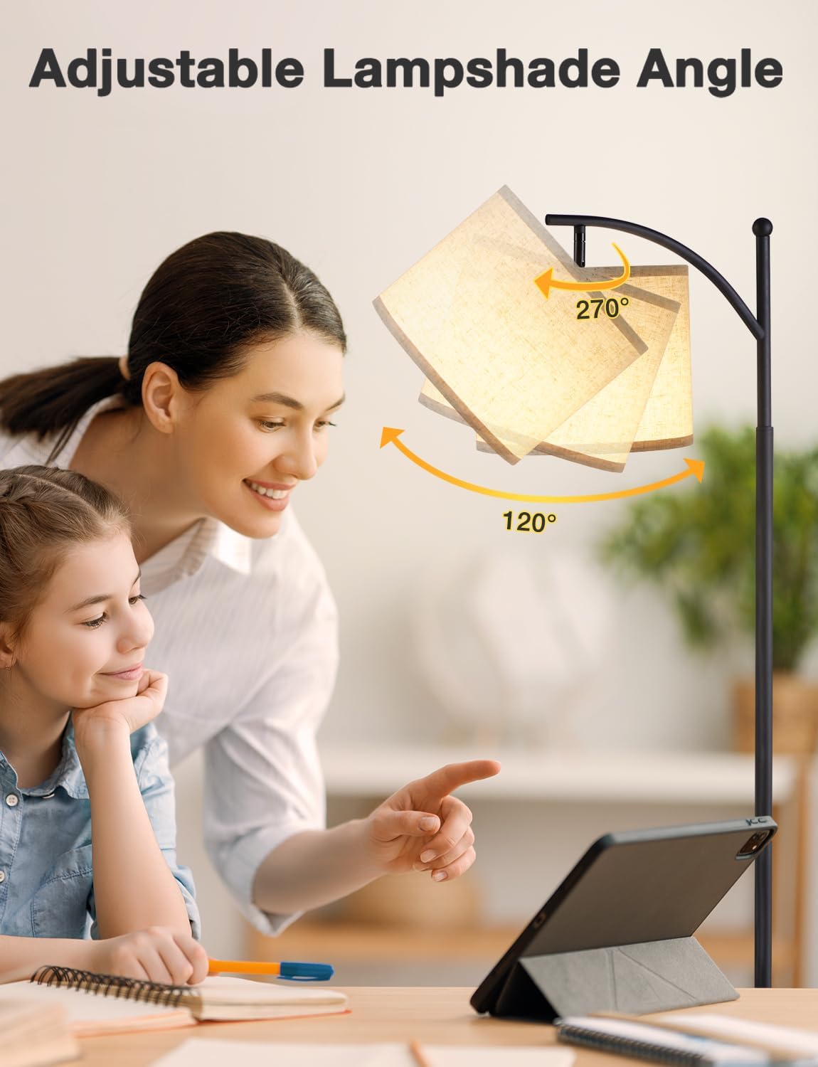 Tall Floor Lamp with 3 Color Temperatures – Adjustable Linen Shade, 60", for Living Room, Bedroom, Office & Dorm, Bulb Included, Beige & Black