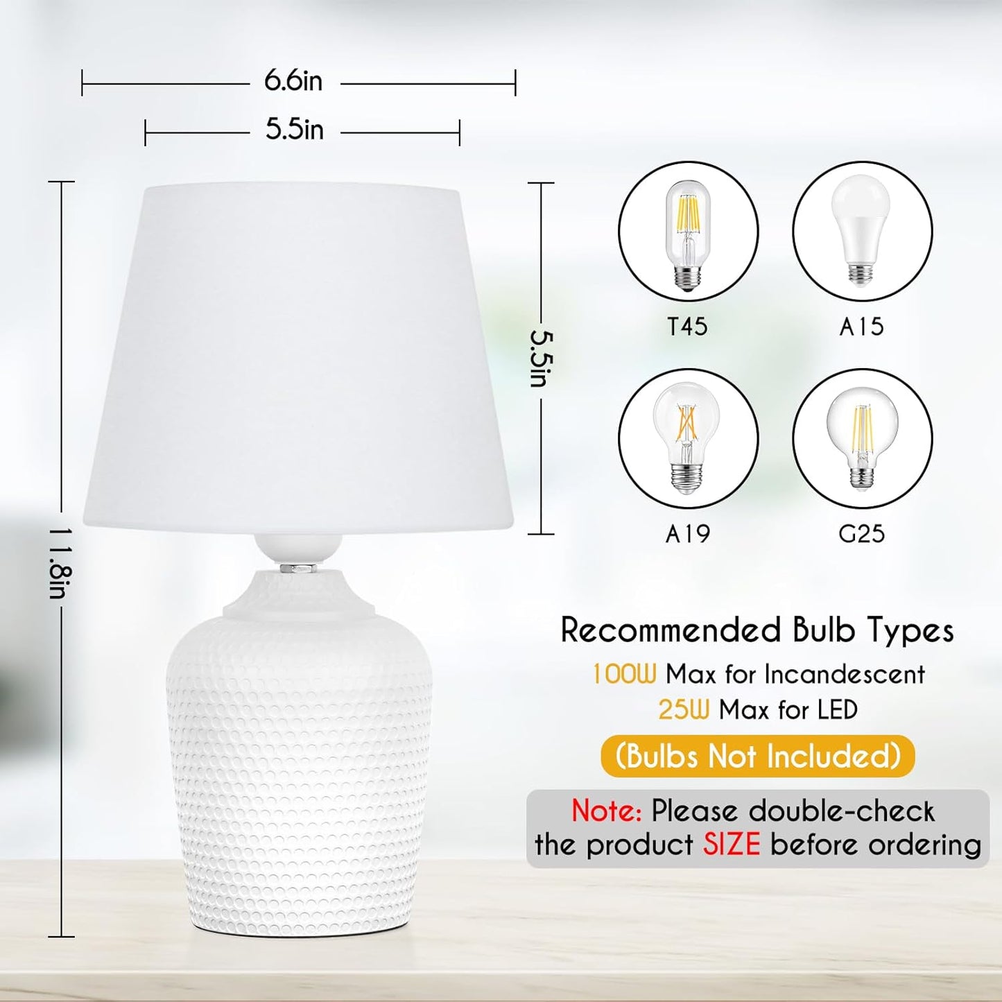 Small Table Lamps Set of 2 – 11.8" Bedside Lamps for Bedroom, Kids Room, Living Room & Office, White Studded Base