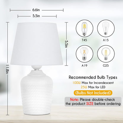 Small Table Lamps Set of 2 – 11.8" Bedside Lamps for Bedroom, Kids Room, Living Room & Office, White Studded Base