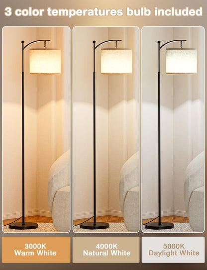 Tall Floor Lamp with 3 Color Temperatures – Adjustable Linen Shade, 60", for Living Room, Bedroom, Office & Dorm, Bulb Included, Beige & Black