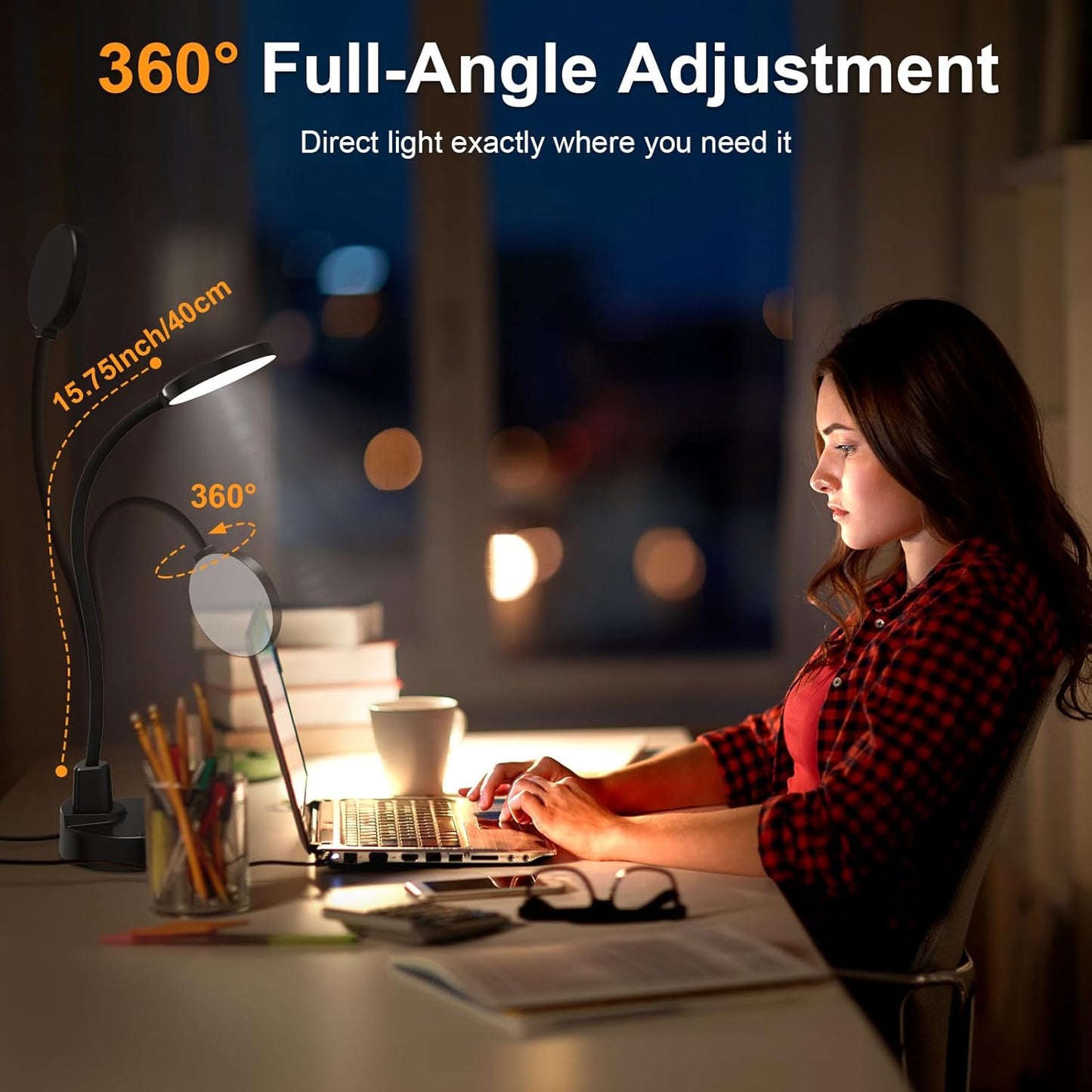 Flexible gooseneck lamp arm with base, eye-caring reading light, suitable for home office, bedroom, and study room.