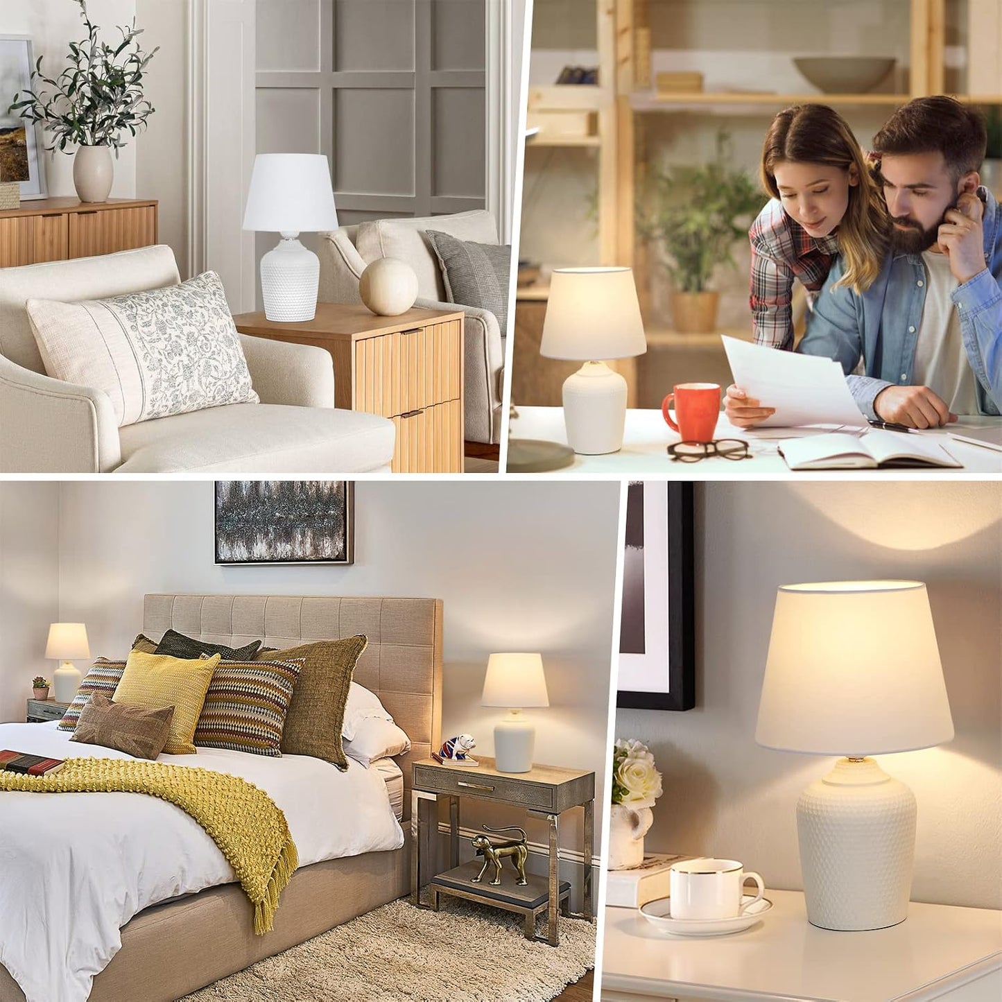 Small Table Lamps Set of 2 – 11.8" Bedside Lamps for Bedroom, Kids Room, Living Room & Office, White Studded Base